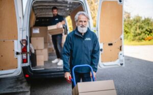 Professional delivery man moving cardboard boxes on a hand truck