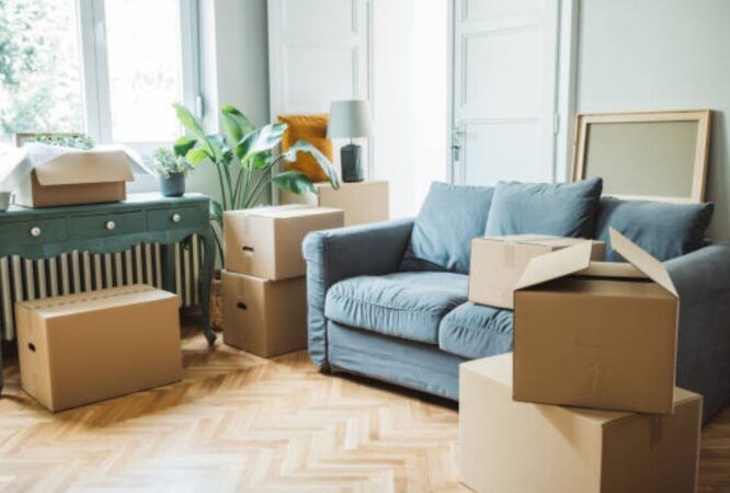 Unpacking services help organize boxes in a modern home