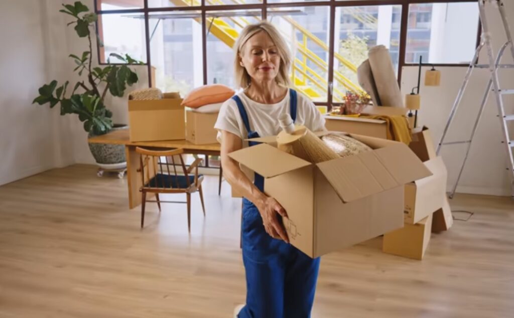 Woman carrying moving boxes while relocating to a new home