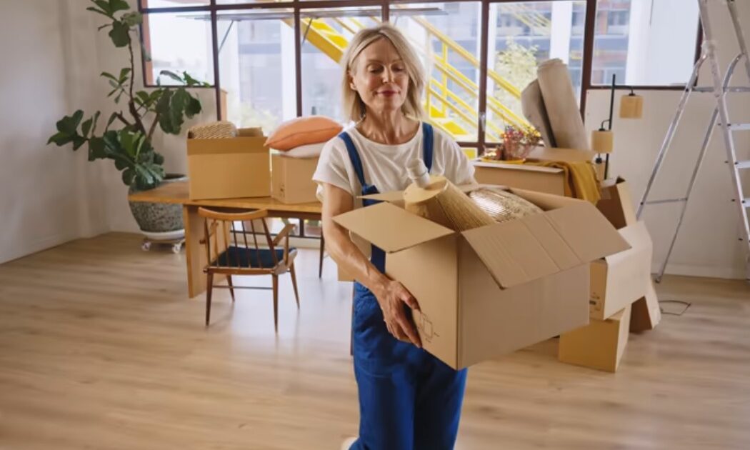 Woman carrying moving boxes while relocating to a new home