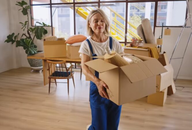 Woman carrying moving boxes while relocating to a new home