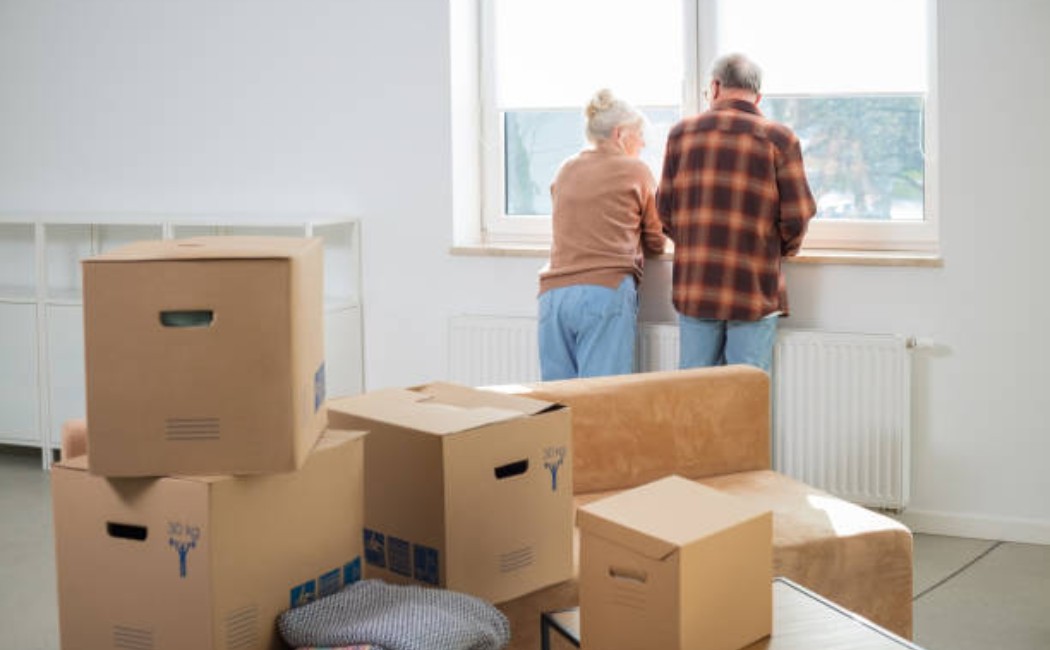 Smiling seniors lifting and moving boxes together at home