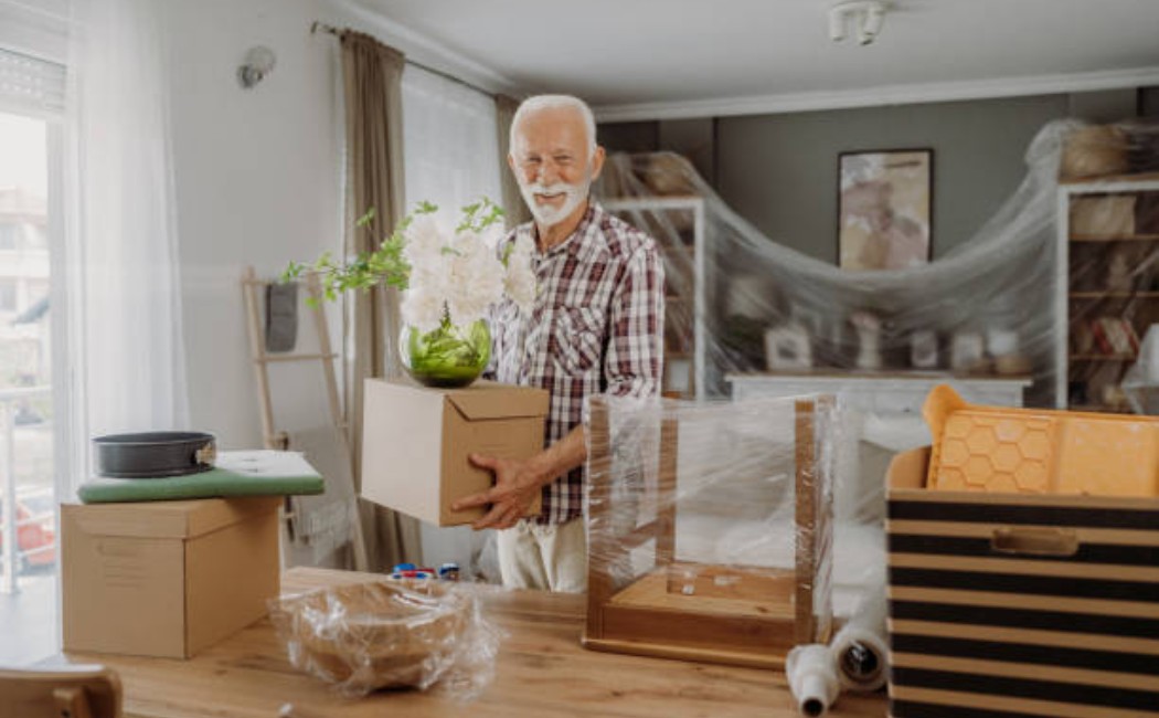 Family carrying moving boxes into the new home