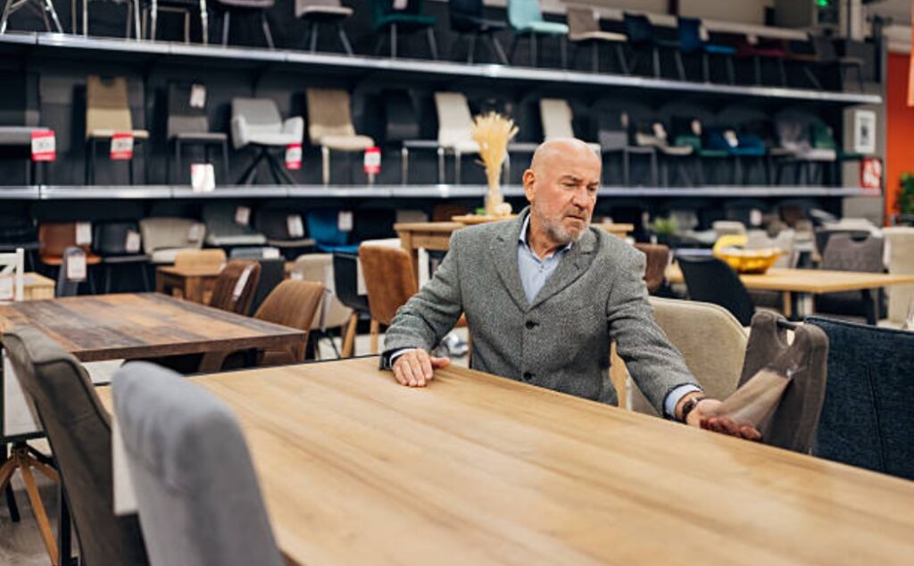 Older man sitting alone at the showroom dining table setup