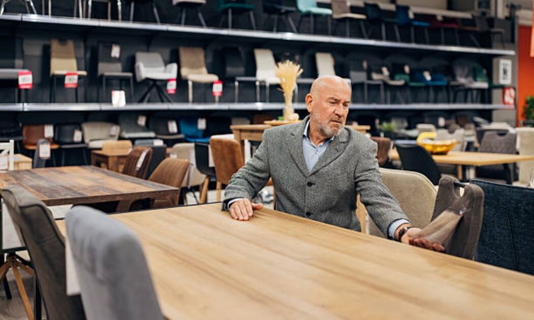 Older man sitting alone at the showroom dining table setup