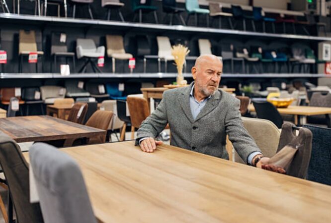 Older man sitting alone at the showroom dining table setup