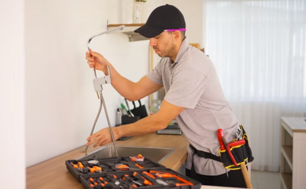 Handyman installing kitchen cabinets