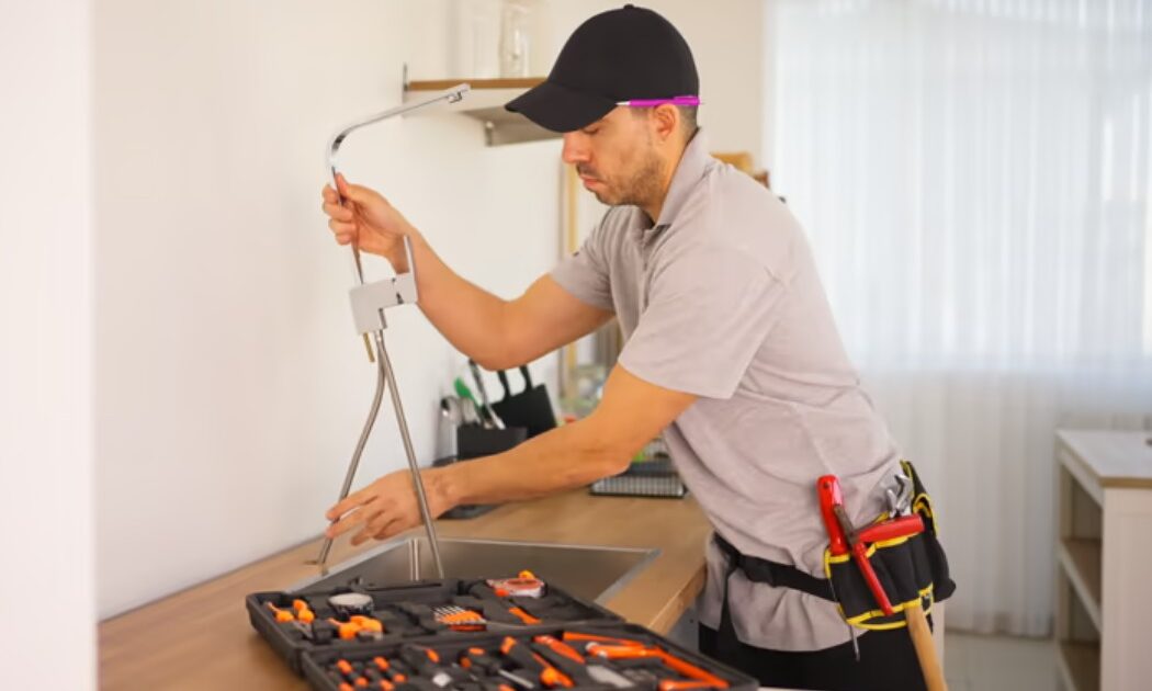 Handyman installing kitchen cabinets