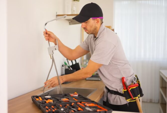 Handyman installing kitchen cabinets