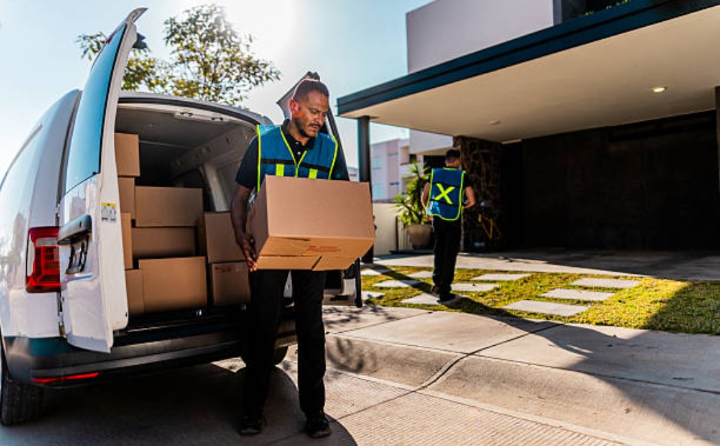 Senior courier worker unpacking a delivery van with parcels in the sun.