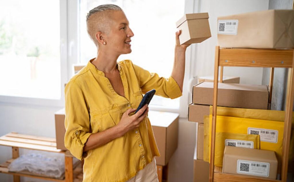 Home shipping business setup with boxes and inventory for orders