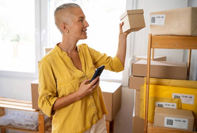 Home shipping business setup with boxes and inventory for orders