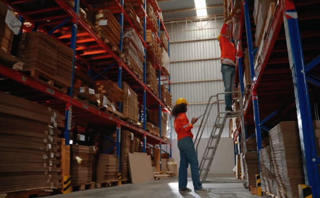 Warehouse worker inspecting organized storage shelves