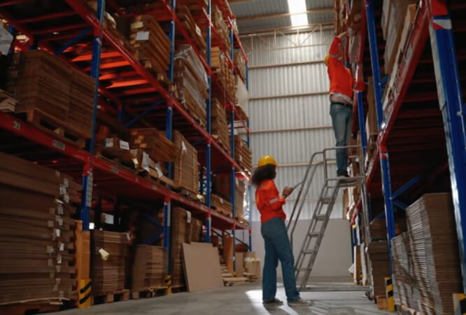 Warehouse worker inspecting organized storage shelves