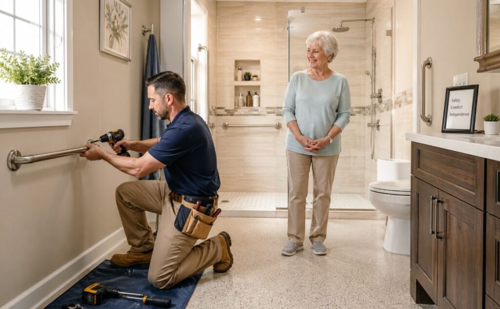 Handyman installing grab bars and safety features in a senior-friendly bathroom for aging in place
