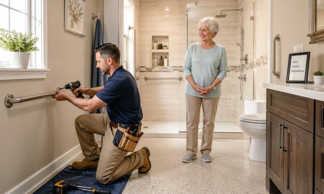 Handyman installing grab bars and safety features in a senior-friendly bathroom for aging in place