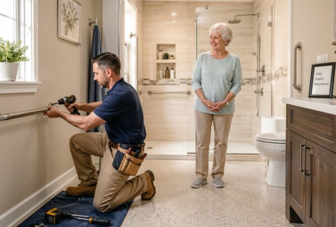 Handyman installing grab bars and safety features in a senior-friendly bathroom for aging in place