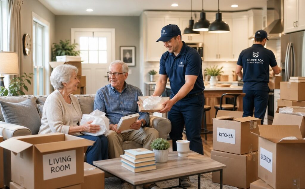 Senior unpacking services helping an elderly couple organize their new home safely and comfortably