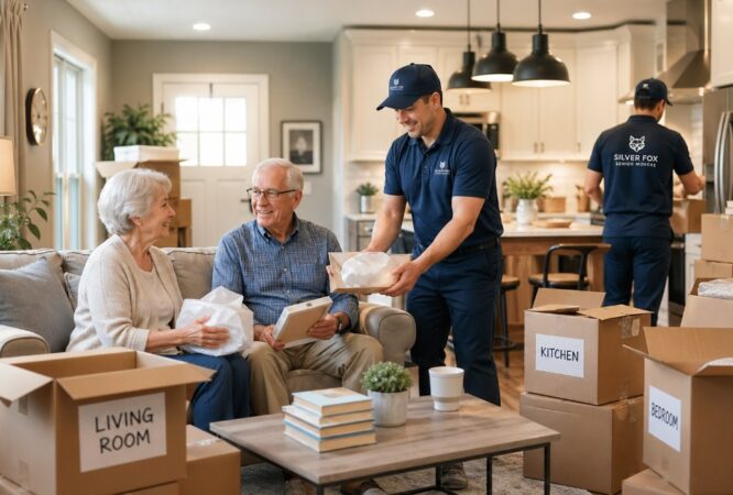 Senior unpacking services helping an elderly couple organize their new home safely and comfortably