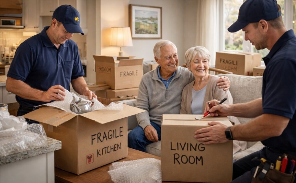Professional packers helping seniors safely pack belongings for a stress-free relocation