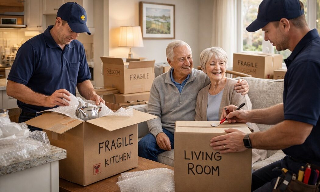 Professional packers helping seniors safely pack belongings for a stress-free relocation