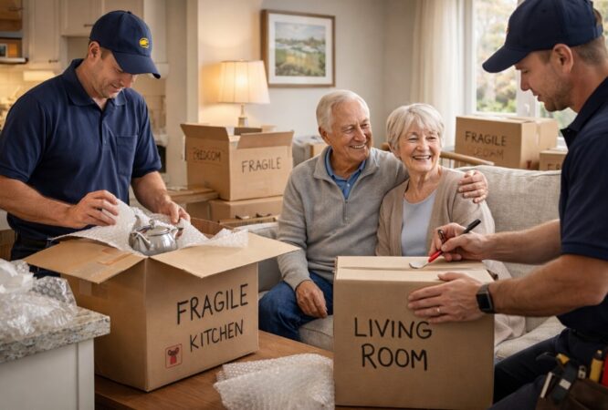 Professional packers helping seniors safely pack belongings for a stress-free relocation