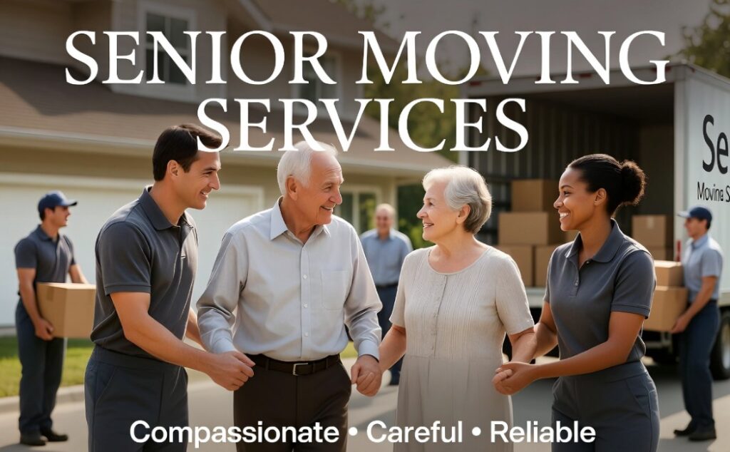 Senior Moving Services - Professional movers helping an elderly couple with a safe and gentle relocation