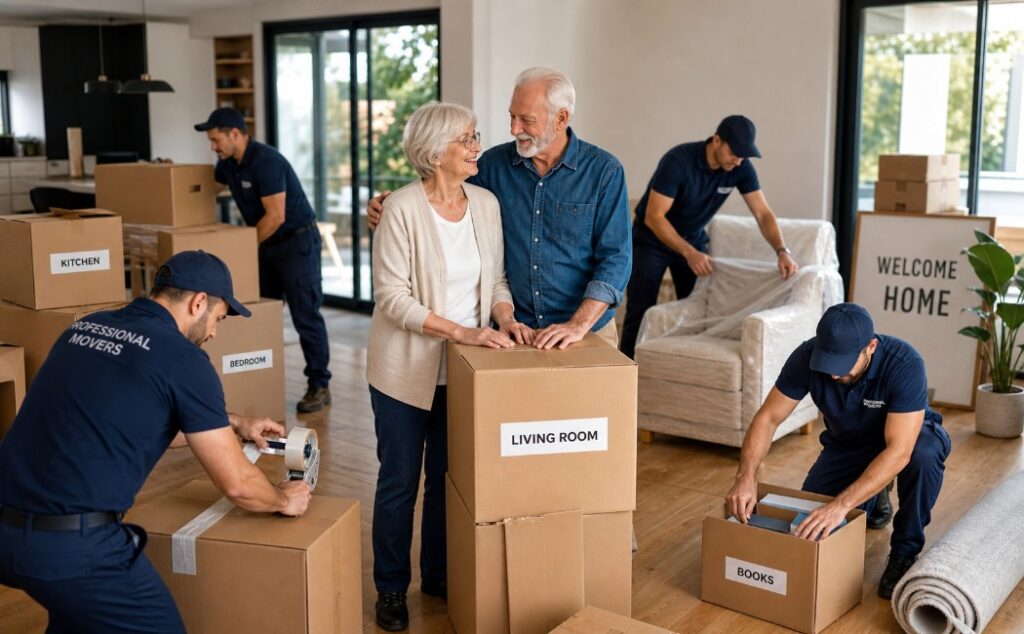 Senior moving services helping elderly couple relocate with packing and organized home setup in 2026