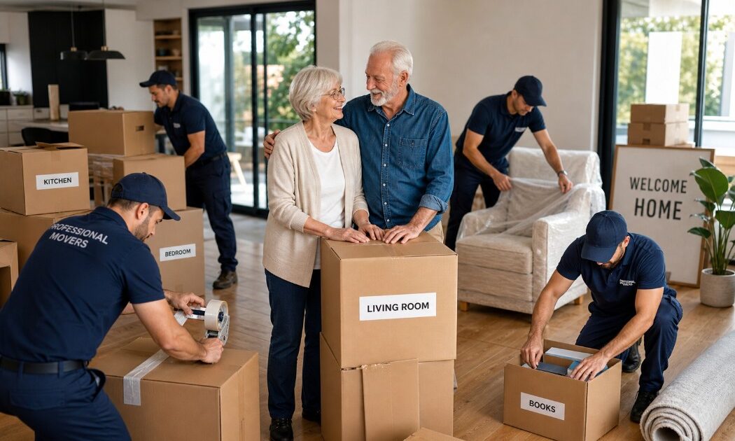 Senior moving services helping elderly couple relocate with packing and organized home setup in 2026