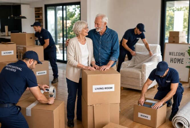 Senior moving services helping elderly couple relocate with packing and organized home setup in 2026