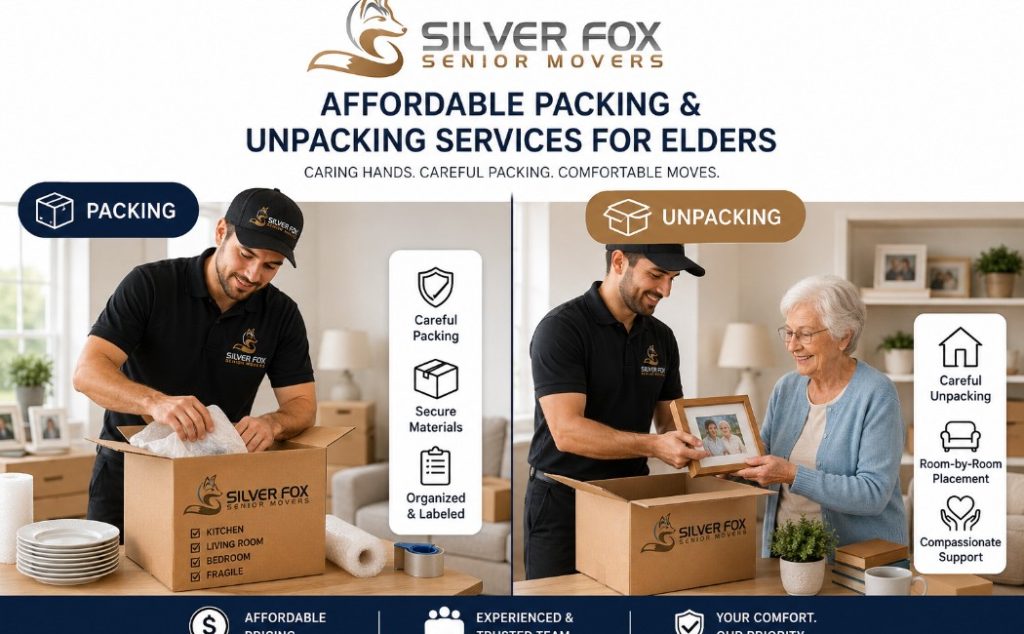 Side-by-side comparison showing Silver Fox Senior Movers packing household belongings on one side and helping a senior with unpacking and home setup on the other.