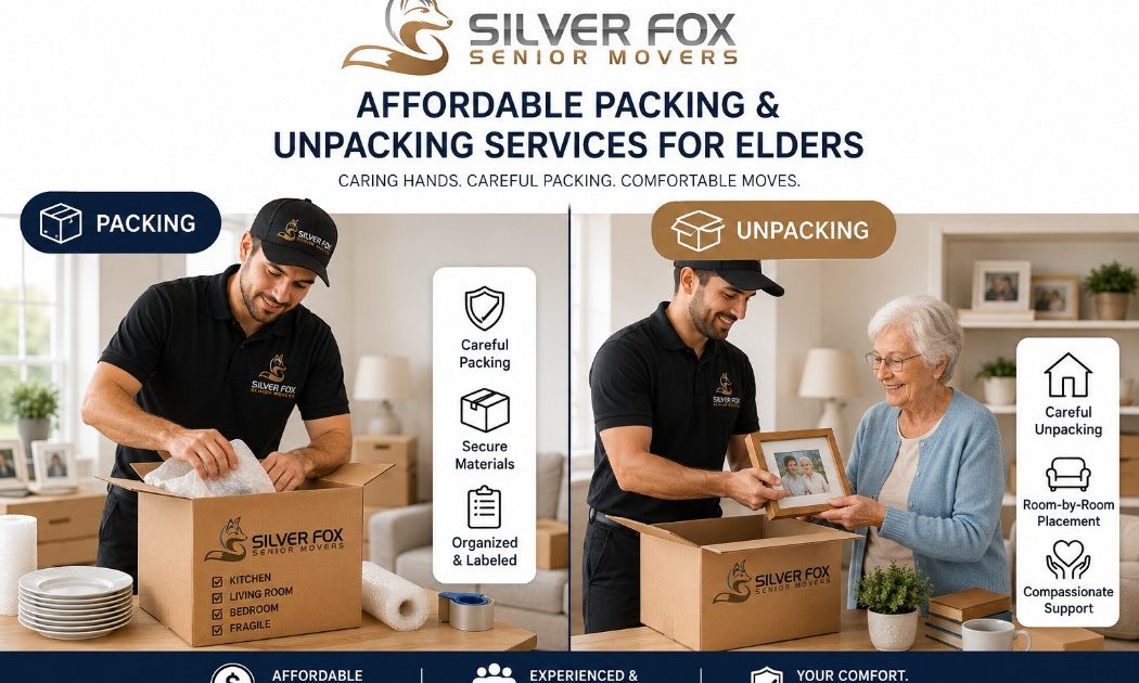 Side-by-side comparison showing Silver Fox Senior Movers packing household belongings on one side and helping a senior with unpacking and home setup on the other.