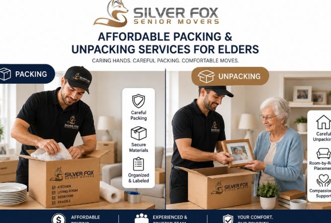 Side-by-side comparison showing Silver Fox Senior Movers packing household belongings on one side and helping a senior with unpacking and home setup on the other.