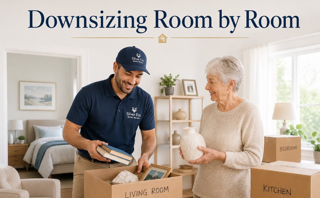 Professional Senior Relocation Services by Silver Fox Senior Movers Professional senior movers from Silver Fox Senior Movers helping an elderly homeowner with downsizing, packing belongings, and planning a smooth relocation.