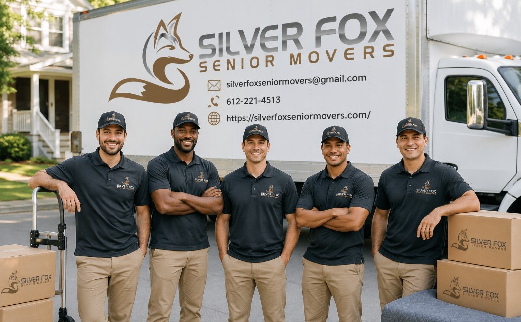 Silver Fox Senior Movers Helpers Providing Stress-Free Senior Relocation Services Experienced senior moving helpers posing beside a Silver Fox Senior Movers truck with moving boxes and relocation equipment outside a residential home