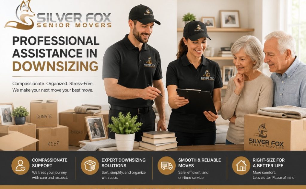 Professional downsizing specialists from Silver Fox Senior Movers are assisting a senior couple with organizing belongings and planning a stress-free downsizing move.