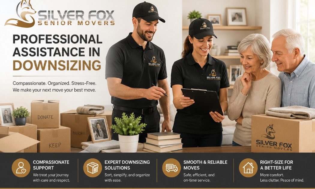 Professional downsizing specialists from Silver Fox Senior Movers are assisting a senior couple with organizing belongings and planning a stress-free downsizing move.