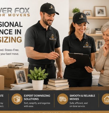 Professional downsizing specialists from Silver Fox Senior Movers are assisting a senior couple with organizing belongings and planning a stress-free downsizing move.