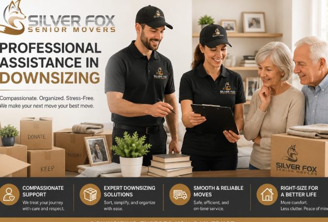 Professional downsizing specialists from Silver Fox Senior Movers are assisting a senior couple with organizing belongings and planning a stress-free downsizing move.