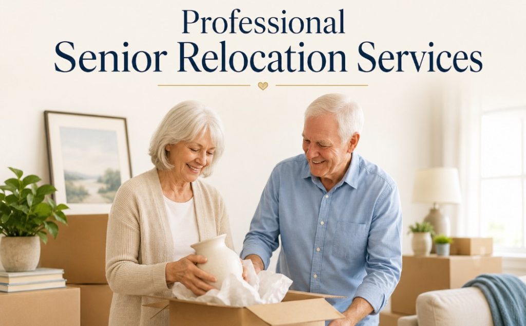 Silver Fox Senior Movers team providing organized relocation help for seniors, assisting an elderly client with packing and moving services in a comfortable home environment.