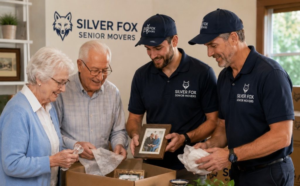 Silver Fox Senior Movers downsizing professionals assisting an elderly couple with sorting cherished belongings, packing keepsakes, and planning a smooth senior relocation in a warm home environment.