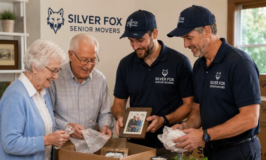 Silver Fox Senior Movers downsizing professionals assisting an elderly couple with sorting cherished belongings, packing keepsakes, and planning a smooth senior relocation in a warm home environment.