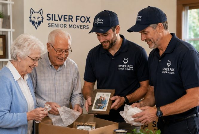 Silver Fox Senior Movers downsizing professionals assisting an elderly couple with sorting cherished belongings, packing keepsakes, and planning a smooth senior relocation in a warm home environment.