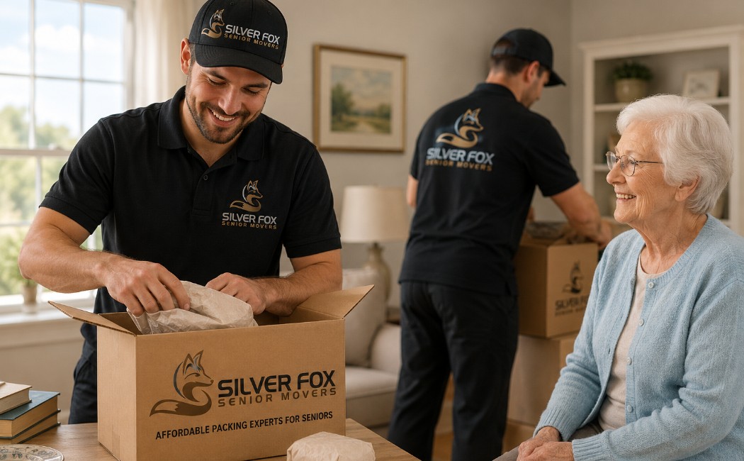 Silver Fox Senior Movers packing expert carefully wrapping household items into moving boxes while assisting a senior client in a bright living room