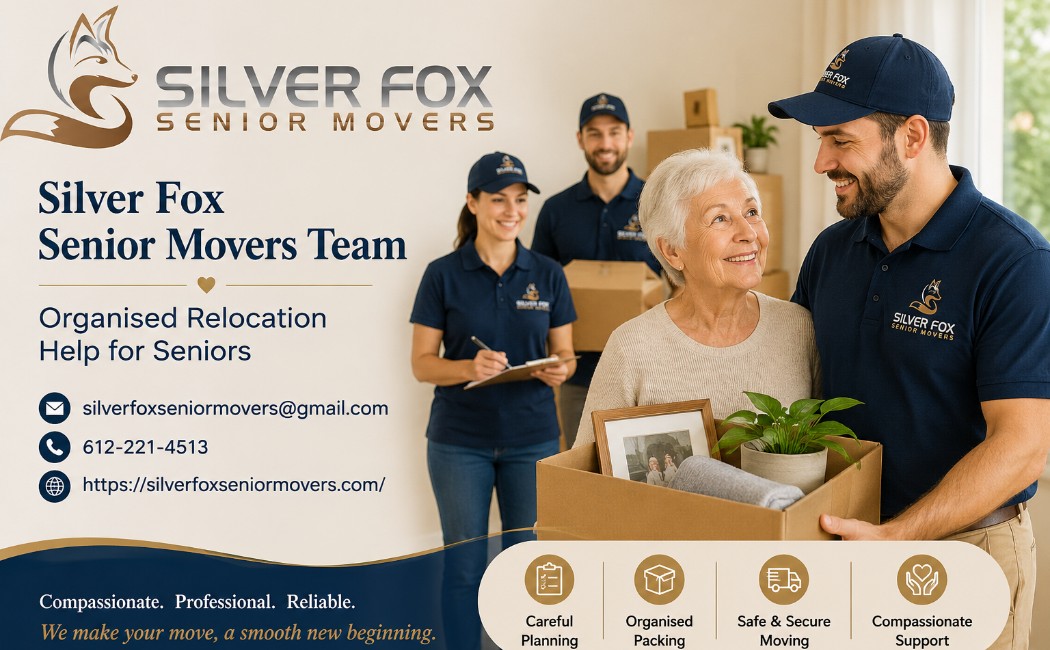 Organized Senior Moving and Relocation Support – Silver Fox Senior Movers Friendly Silver Fox Senior Movers team managing a senior relocation project, carefully packing household items, and supporting an older adult during the moving process.