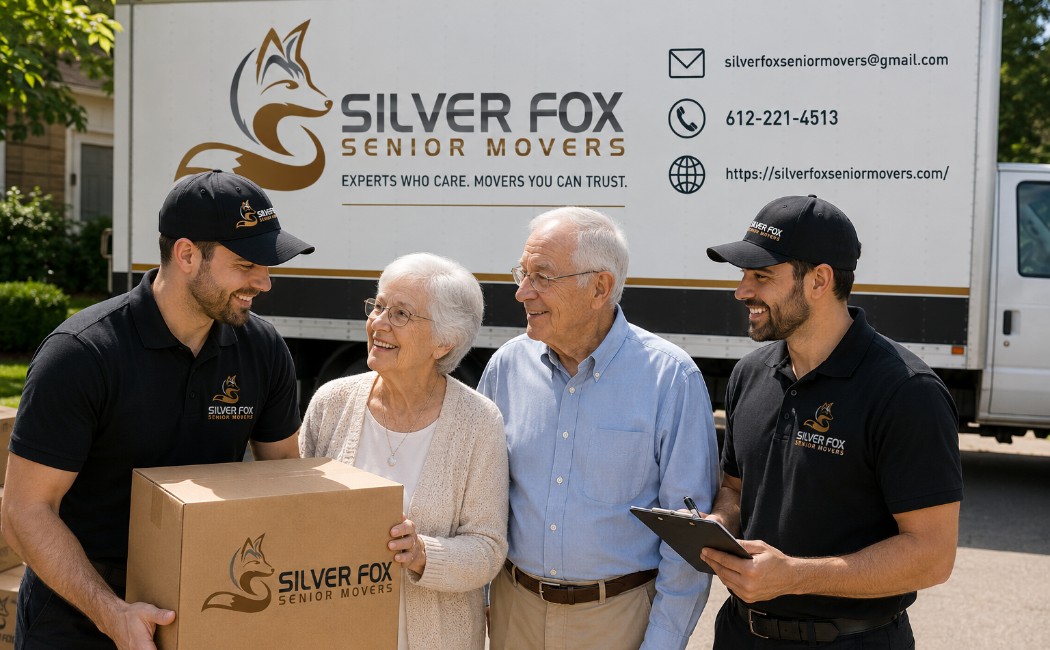Silver Fox Senior Movers team standing with senior clients in front of a branded moving truck, providing professional relocation and moving assistance.